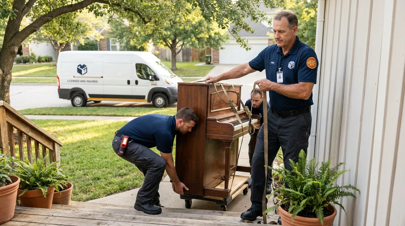 Licensed piano movers securing grand piano in Petaluma, CA