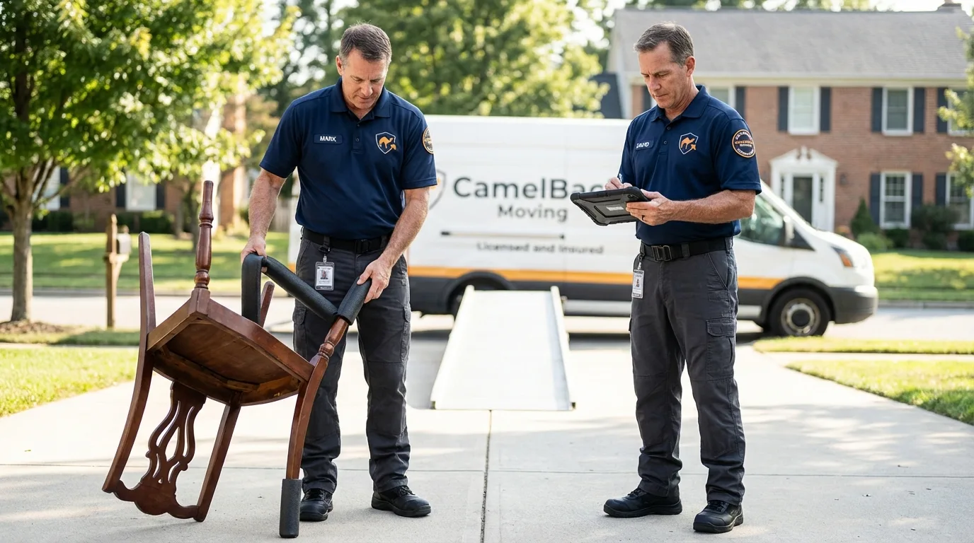 Movers inspecting furniture for damage prevention before loading in Petaluma, CA