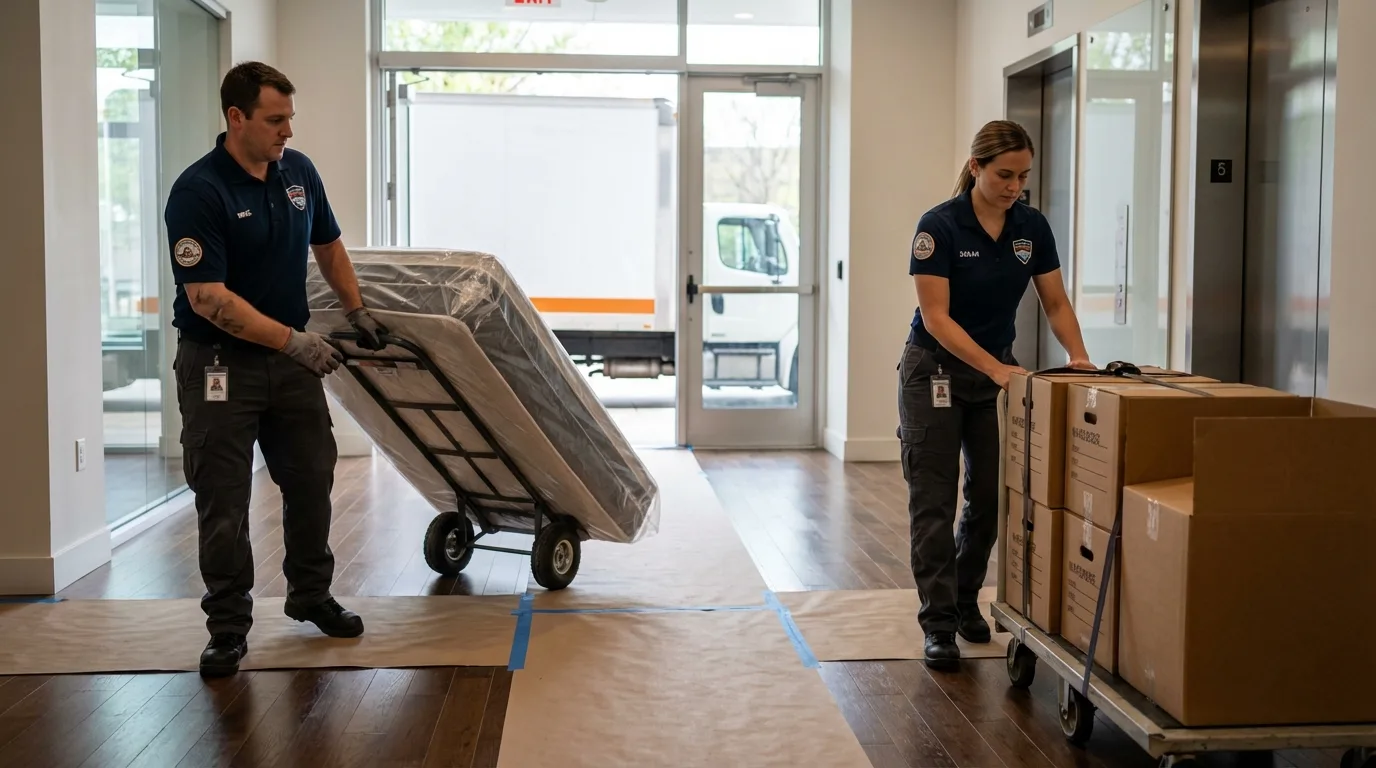 Professional apartment movers loading elevator in Petaluma, CA
