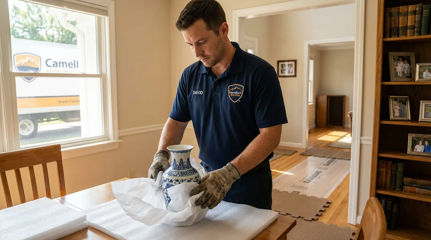 Professional crew carefully wrapping antique vase for senior downsizing move in Petaluma, CA
